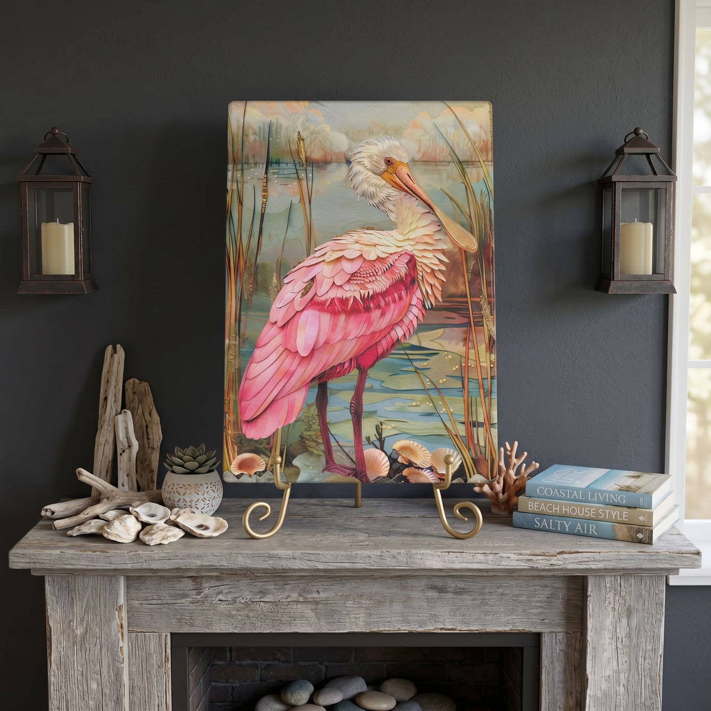 Roseate Spoonbill Glass Art Panel, Tempered Glass Coastal Decor, Beach House Accent