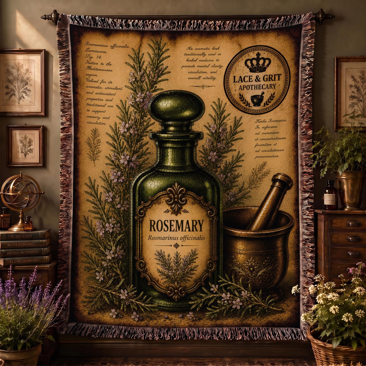 Rosemary Woven Throw Blanket, Botanical Apothecary Decor, Cotton Tapestry Throw, English Cottage Herbal Gift