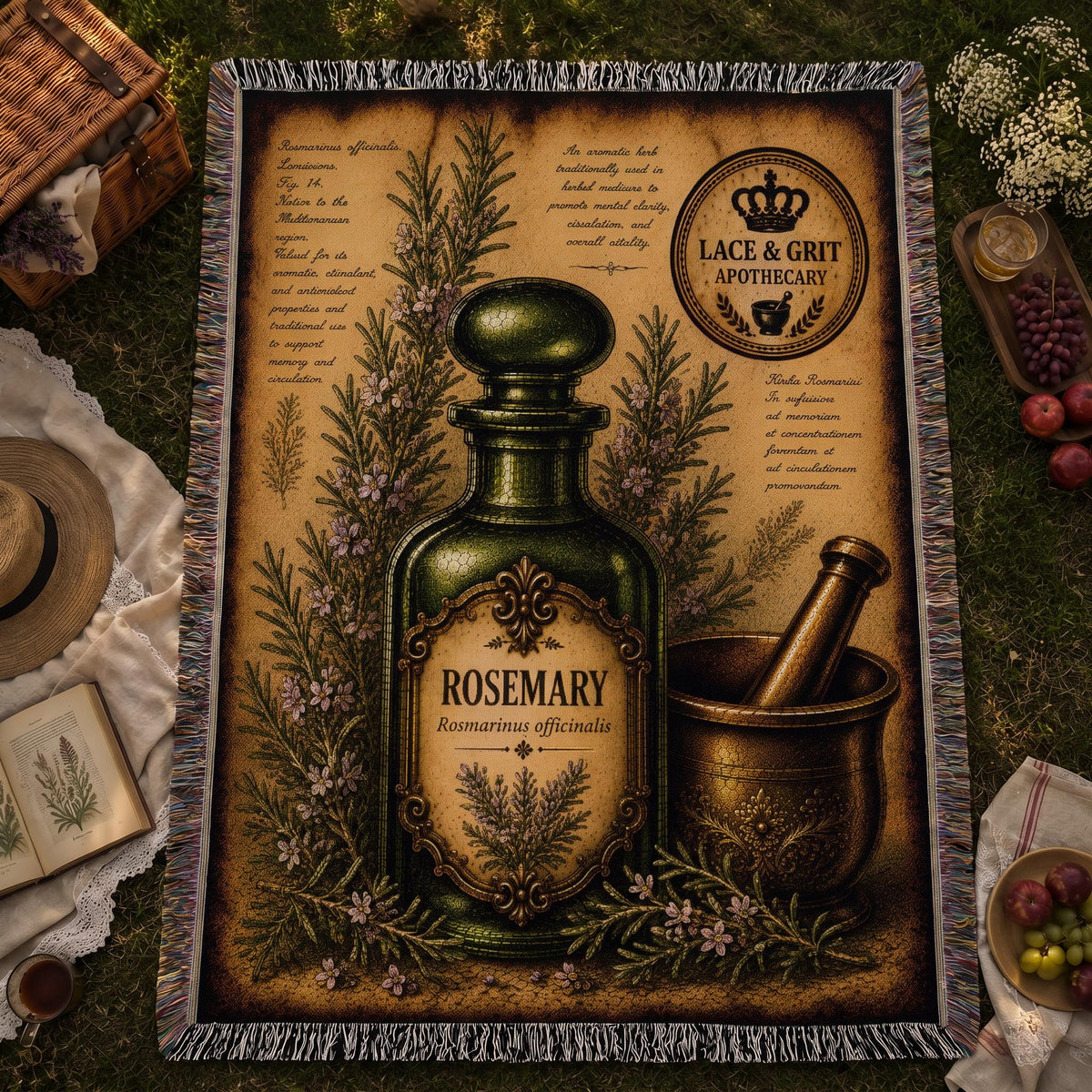 Rosemary Woven Throw Blanket, Botanical Apothecary Decor, Cotton Tapestry Throw, English Cottage Herbal Gift