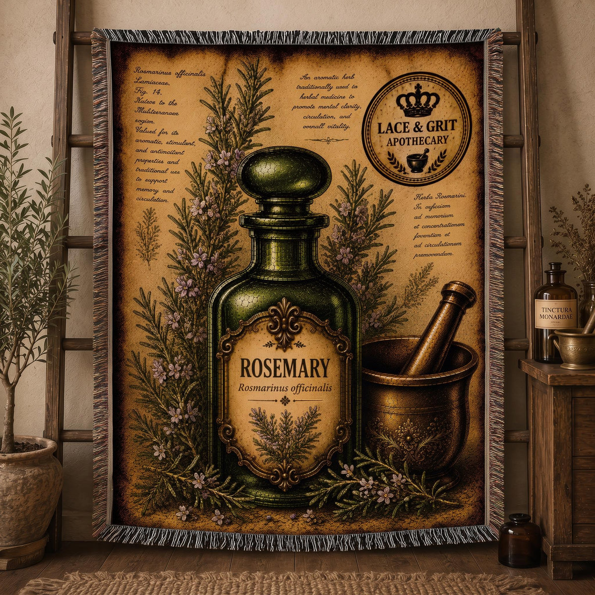 Rosemary Woven Throw Blanket, Botanical Apothecary Decor, Cotton Tapestry Throw, English Cottage Herbal Gift