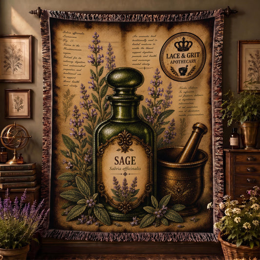 Sage Woven Throw Blanket, Botanical Apothecary Decor, Cotton Tapestry Throw, English Cottage Herbal Gift