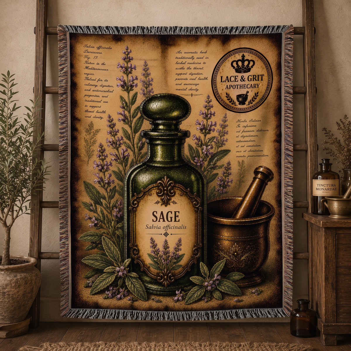 Sage Woven Throw Blanket, Botanical Apothecary Decor, Cotton Tapestry Throw, English Cottage Herbal Gift