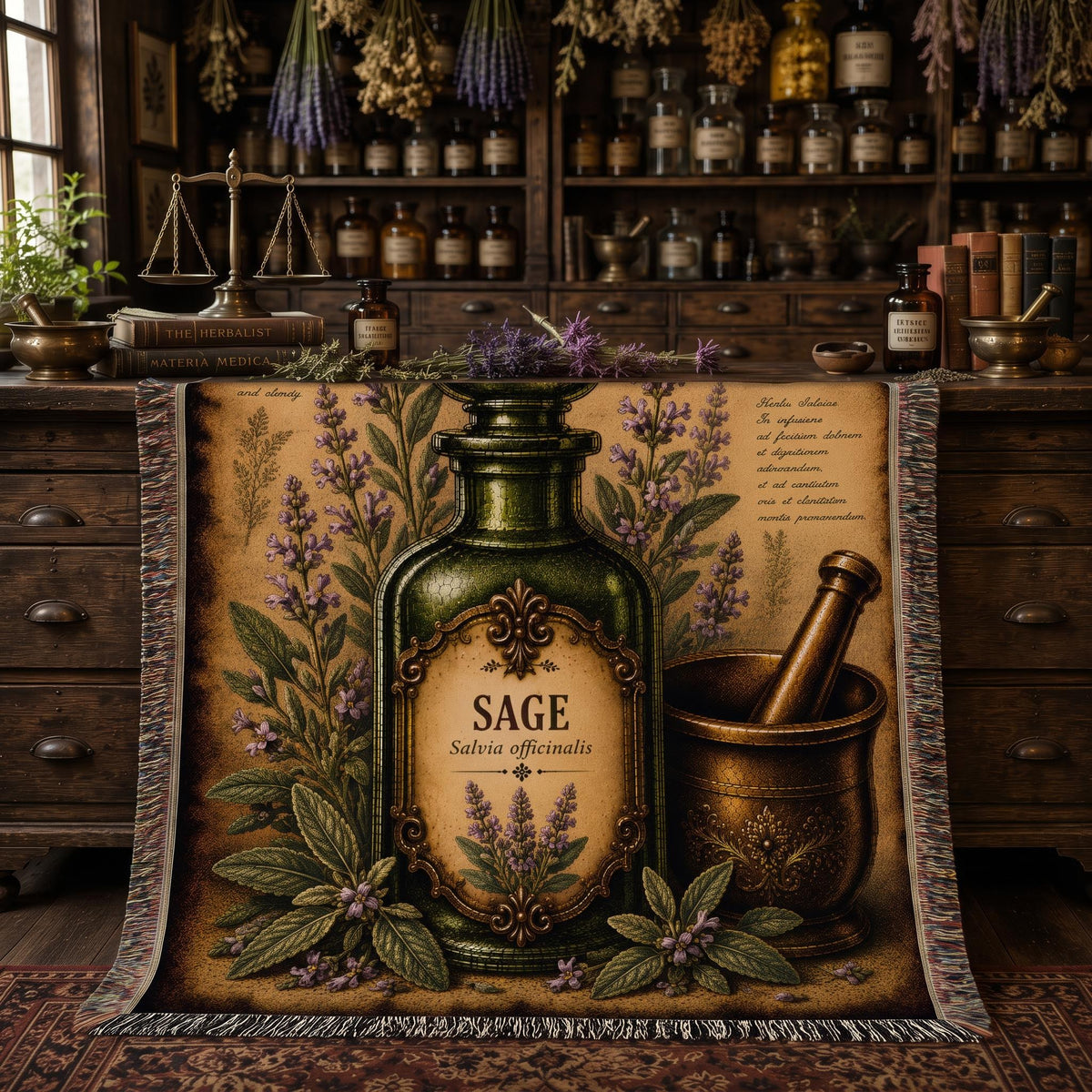 Sage Woven Throw Blanket, Botanical Apothecary Decor, Cotton Tapestry Throw, English Cottage Herbal Gift