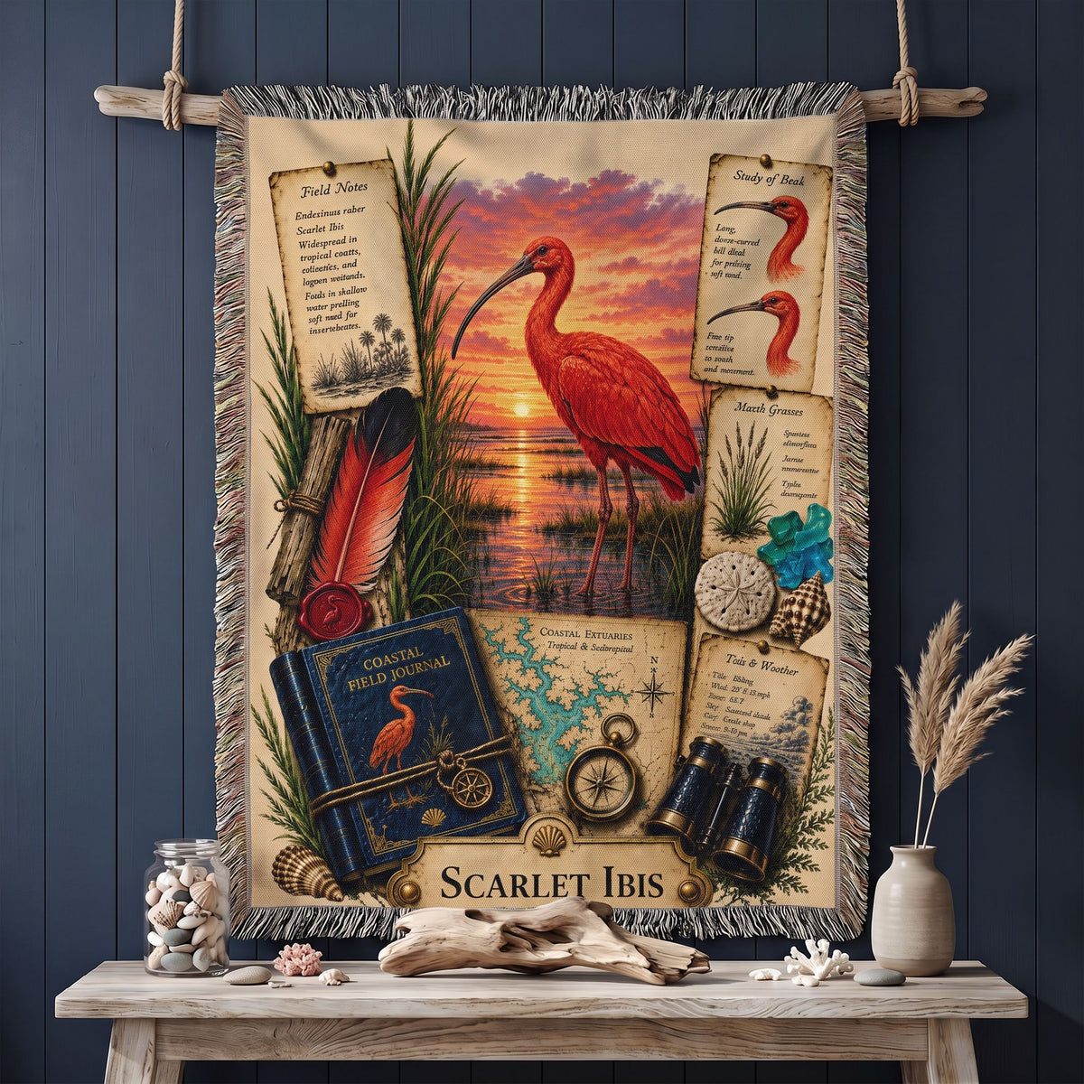 Scarlet Ibis Woven Throw Blanket | Coastal Bird Decor | Cotton Tapestry Throw | Naturalist Journal Gift