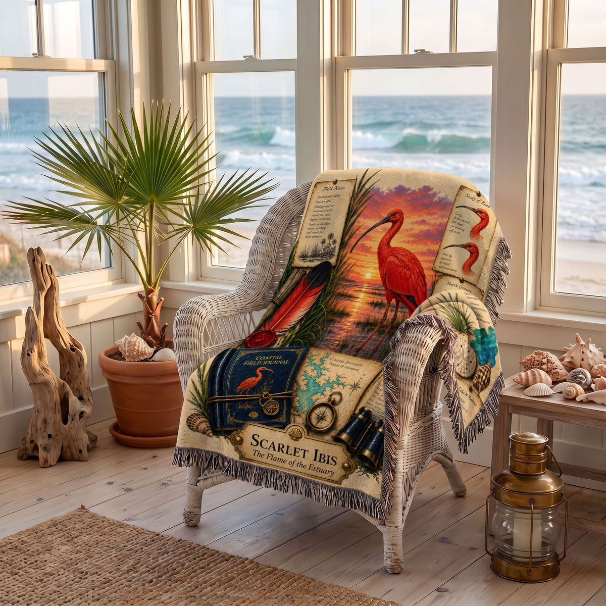 Scarlet Ibis Woven Throw Blanket | Coastal Bird Decor | Cotton Tapestry Throw | Naturalist Journal Gift