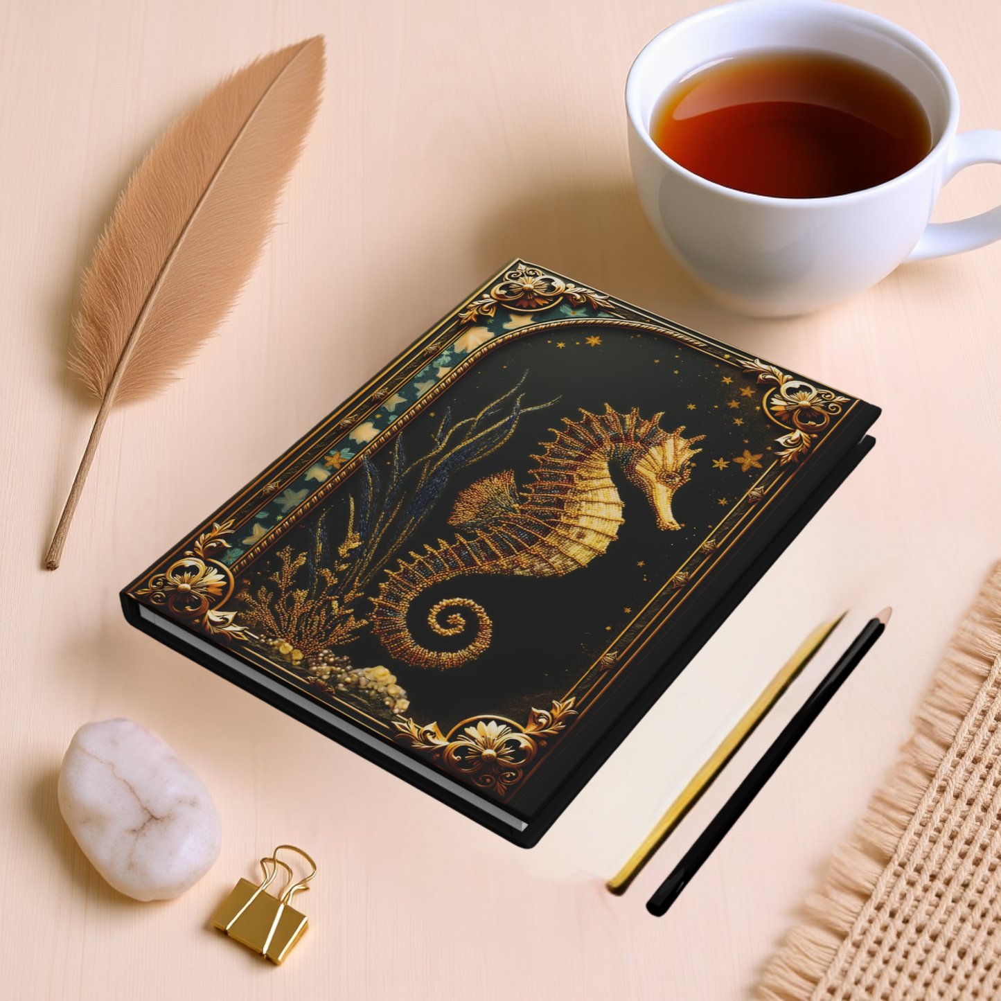 Enchanted Seahorse Journal – Ocean Fantasy Notebook, Gold Filigree Sea Journal, Personalized Hardcover Diary, Mystical Ocean Lover Gift