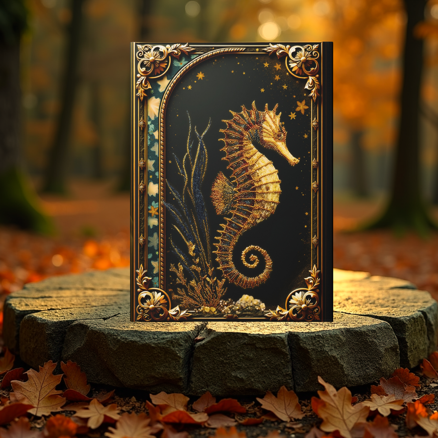 Enchanted Seahorse Journal – Ocean Fantasy Notebook, Gold Filigree Sea Journal, Personalized Hardcover Diary, Mystical Ocean Lover Gift