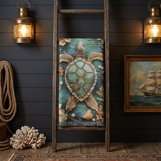 Beaded Look Sea Turtle Woven Blanket | Coastal Cottage Vintage Ocean Decor