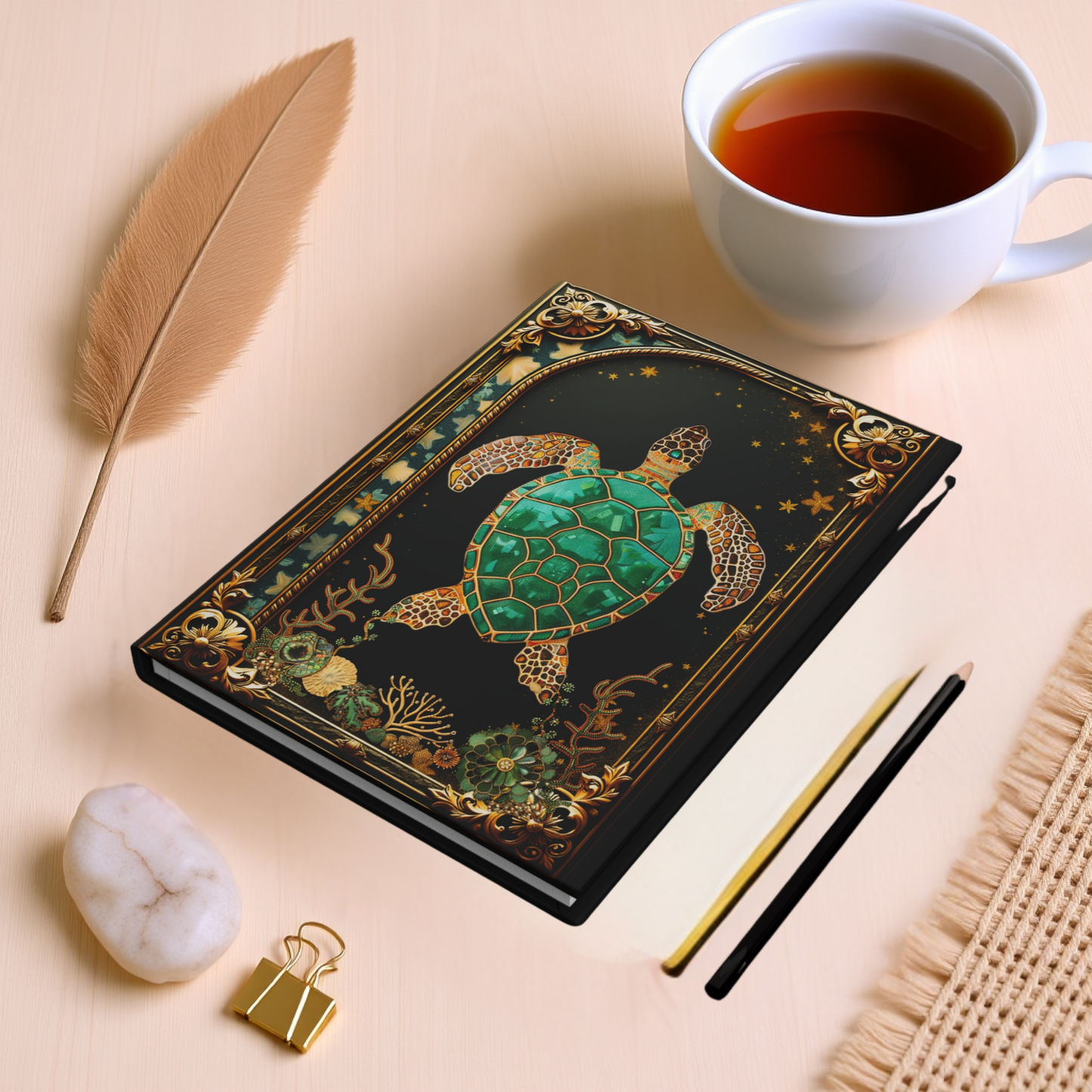 Sea Turtle Journal – Ocean Fantasy Notebook, Gold Filigree Turtle Diary, Personalized Hardcover Journal, Coastal Gift for Ocean Lovers