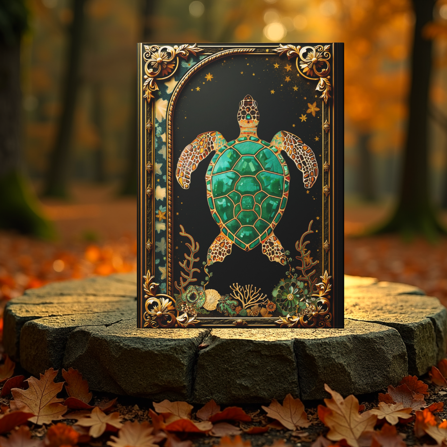 Sea Turtle Journal – Ocean Fantasy Notebook, Gold Filigree Turtle Diary, Personalized Hardcover Journal, Coastal Gift for Ocean Lovers