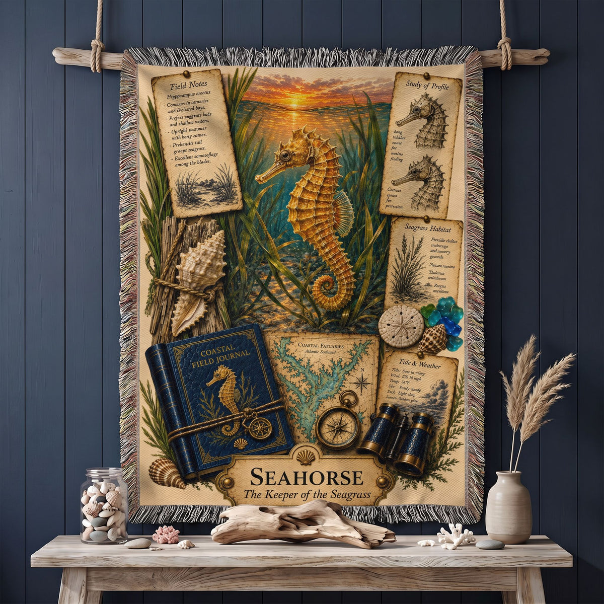 Seahorse Woven Throw Blanket | Coastal Wildlife Decor | Cotton Tapestry Throw | Naturalist Journal Gift