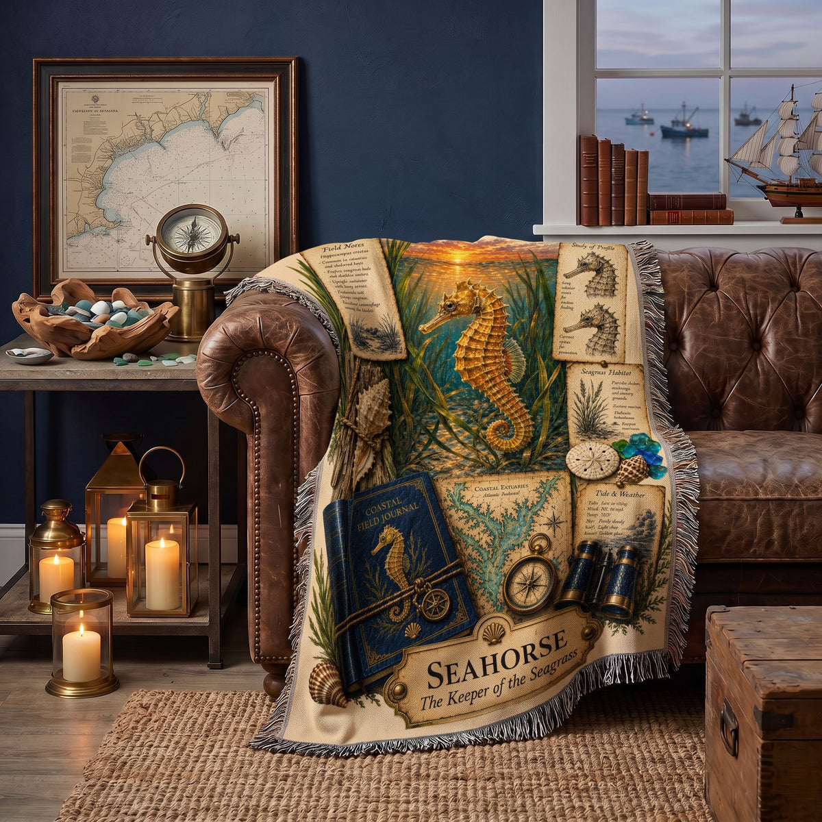 Seahorse Woven Throw Blanket | Coastal Wildlife Decor | Cotton Tapestry Throw | Naturalist Journal Gift