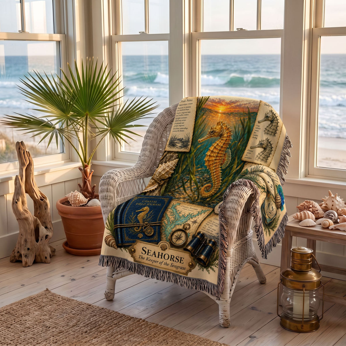 Seahorse Woven Throw Blanket | Coastal Wildlife Decor | Cotton Tapestry Throw | Naturalist Journal Gift