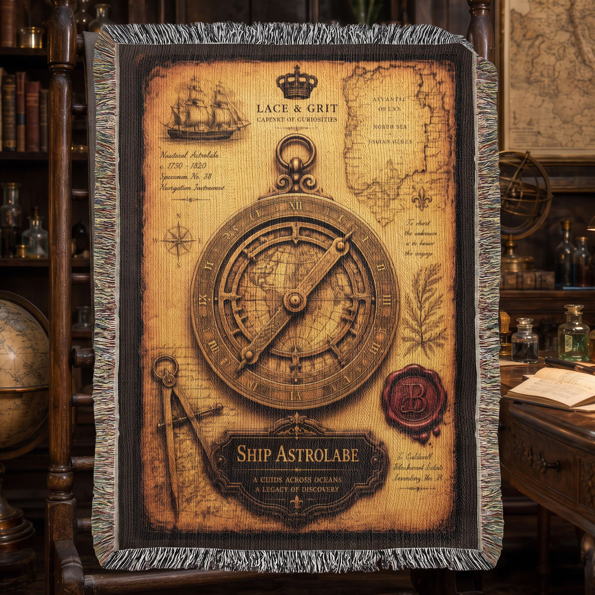 Ship Astrolabe Woven Throw Blanket | Cabinet of Curiosities Decor | Cotton Tapestry | Maritime History Gift