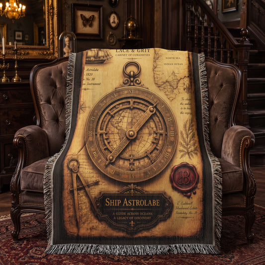 Ship Astrolabe Woven Throw Blanket | Cabinet of Curiosities Decor | Cotton Tapestry | Maritime History Gift