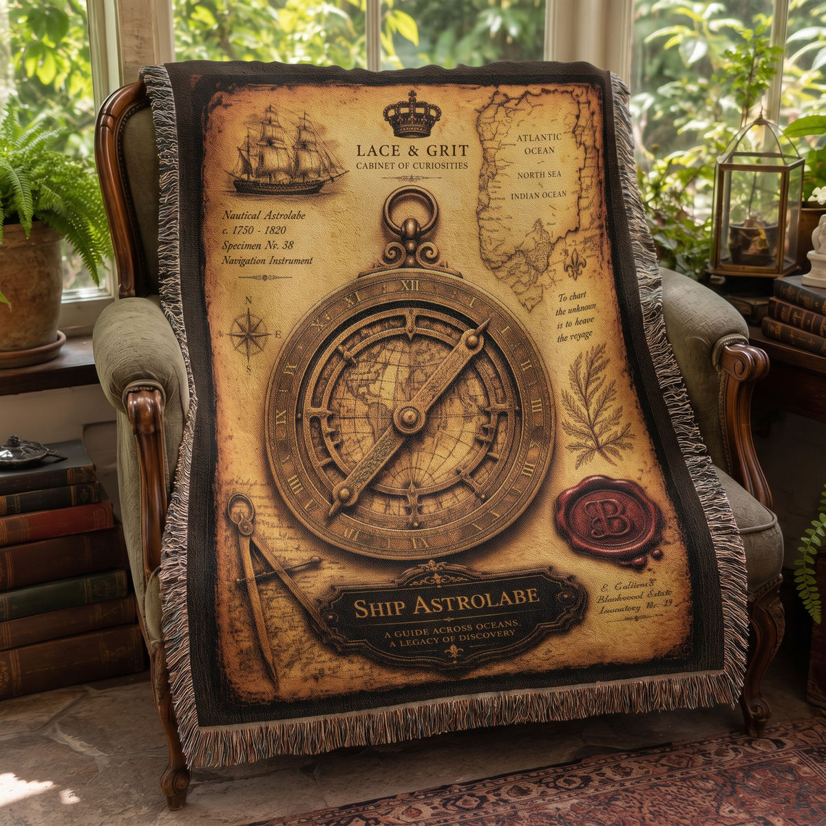 Ship Astrolabe Woven Throw Blanket | Cabinet of Curiosities Decor | Cotton Tapestry | Maritime History Gift