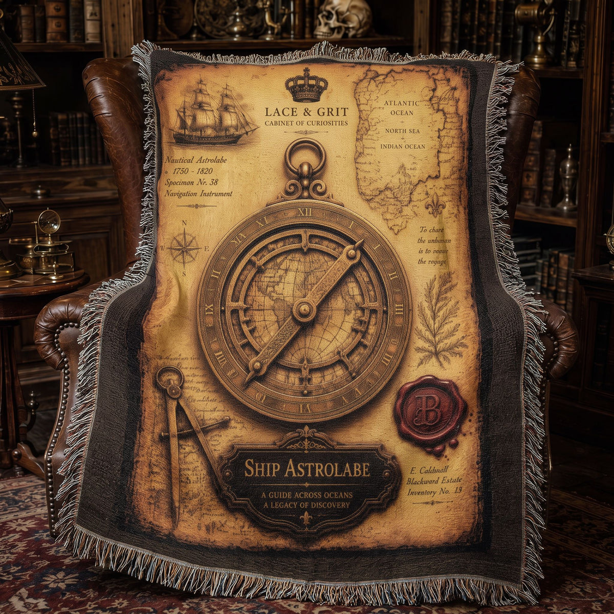 Ship Astrolabe Woven Throw Blanket | Cabinet of Curiosities Decor | Cotton Tapestry | Maritime History Gift
