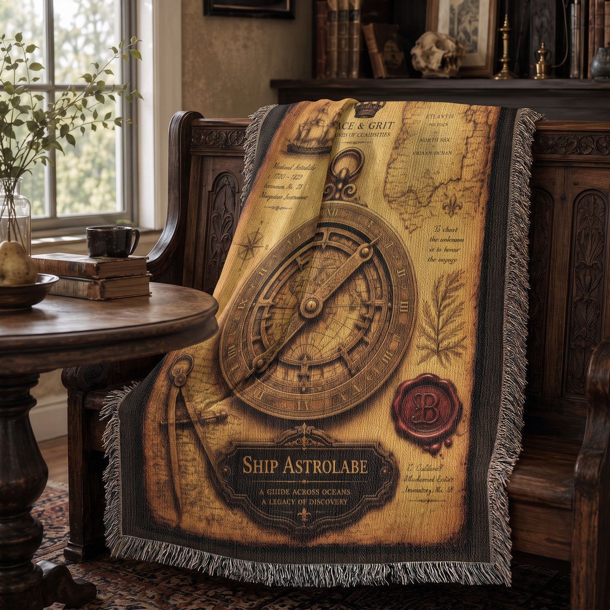 Ship Astrolabe Woven Throw Blanket | Cabinet of Curiosities Decor | Cotton Tapestry | Maritime History Gift