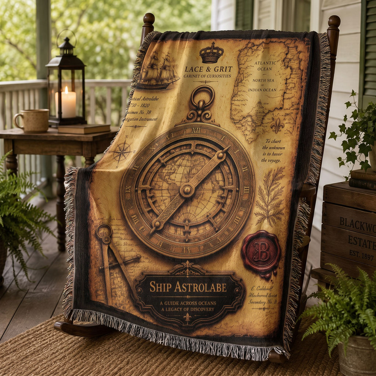 Ship Astrolabe Woven Throw Blanket | Cabinet of Curiosities Decor | Cotton Tapestry | Maritime History Gift