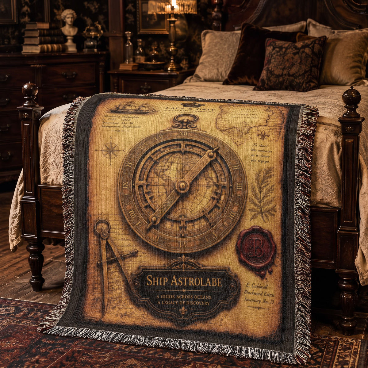 Ship Astrolabe Woven Throw Blanket | Cabinet of Curiosities Decor | Cotton Tapestry | Maritime History Gift