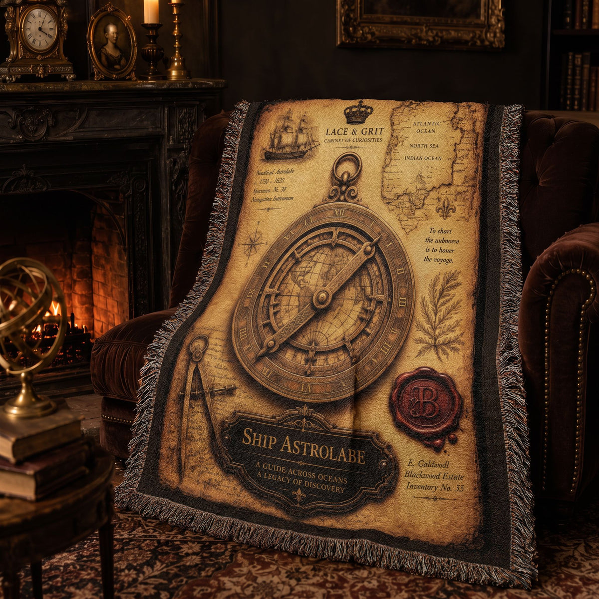 Ship Astrolabe Woven Throw Blanket | Cabinet of Curiosities Decor | Cotton Tapestry | Maritime History Gift