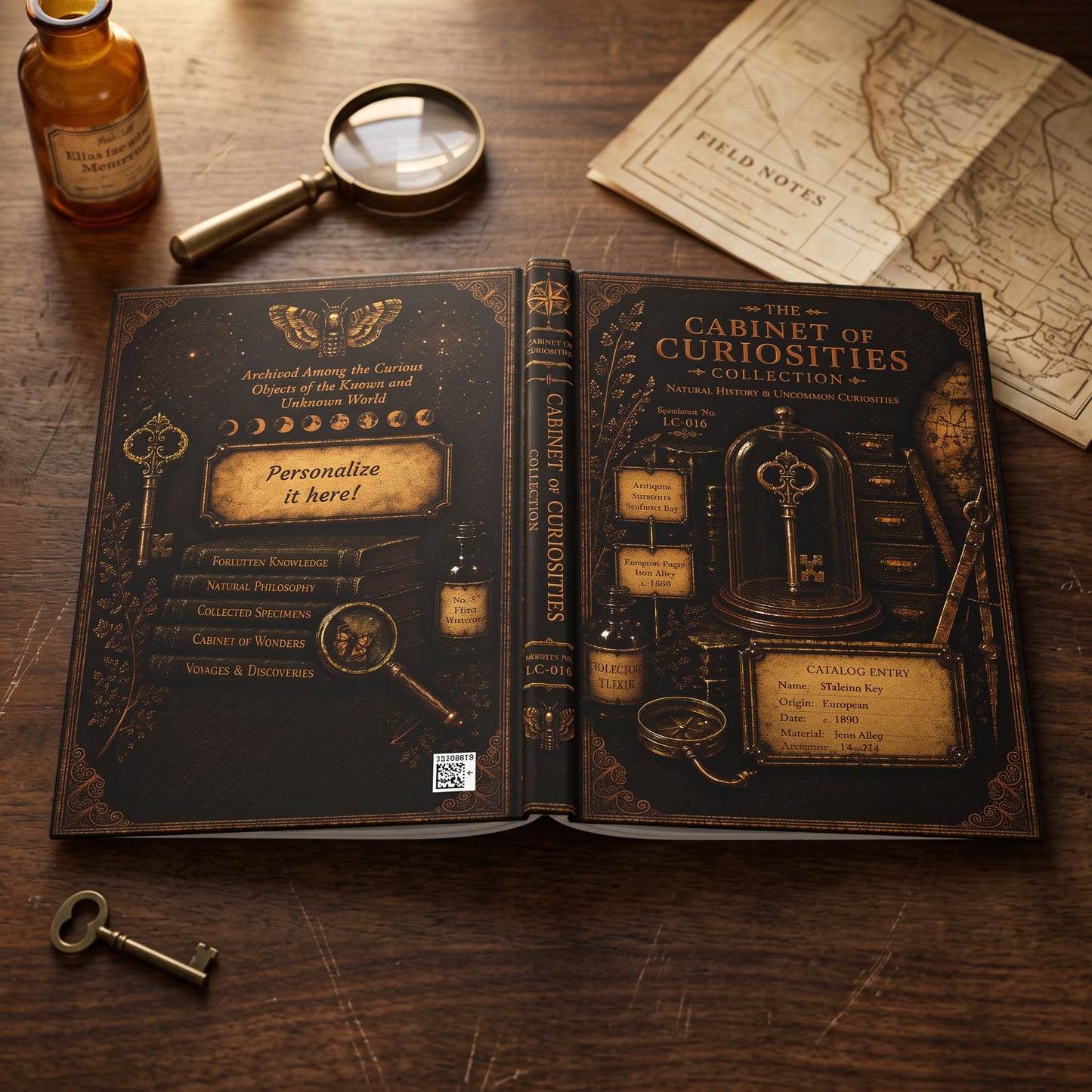 Skeleton Key Journal, Personalized Cabinet of Curiosities Hardcover Notebook, Victorian Gift