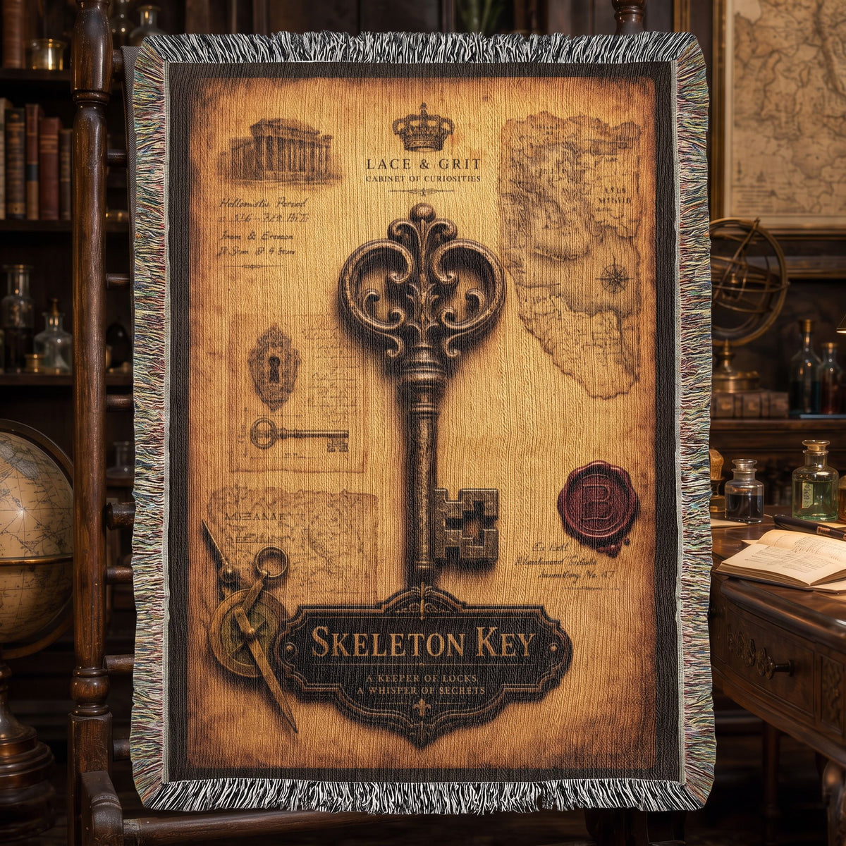 Skeleton Key Woven Throw Blanket | Cabinet of Curiosities Decor | Cotton Tapestry | Gothic History Gift