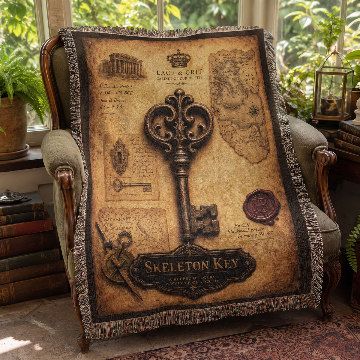 Skeleton Key Woven Throw Blanket | Cabinet of Curiosities Decor | Cotton Tapestry | Gothic History Gift
