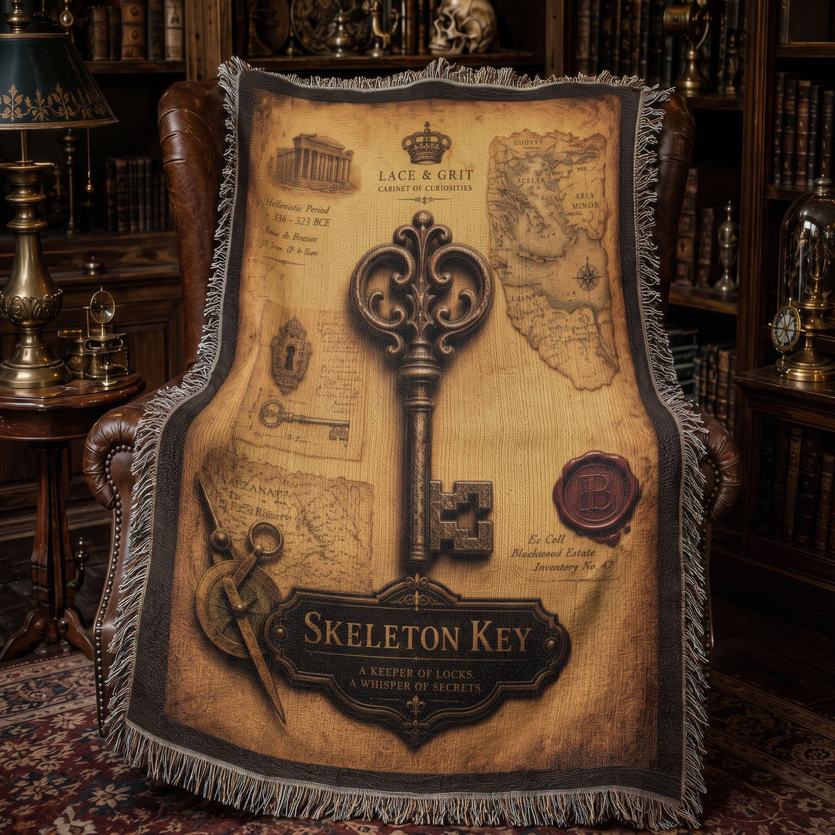 Skeleton Key Woven Throw Blanket | Cabinet of Curiosities Decor | Cotton Tapestry | Gothic History Gift
