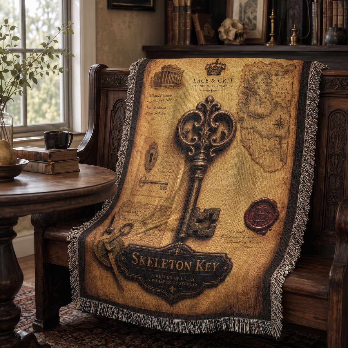 Skeleton Key Woven Throw Blanket | Cabinet of Curiosities Decor | Cotton Tapestry | Gothic History Gift