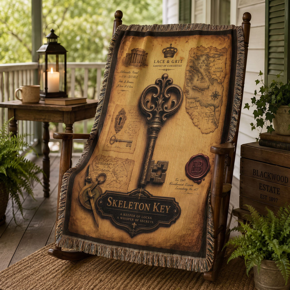 Skeleton Key Woven Throw Blanket | Cabinet of Curiosities Decor | Cotton Tapestry | Gothic History Gift
