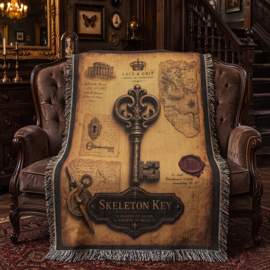 Skeleton Key Woven Throw Blanket | Cabinet of Curiosities Decor | Cotton Tapestry | Gothic History Gift