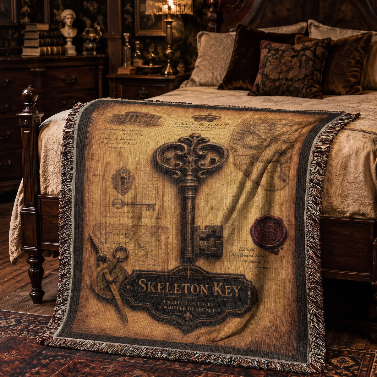 Skeleton Key Woven Throw Blanket | Cabinet of Curiosities Decor | Cotton Tapestry | Gothic History Gift