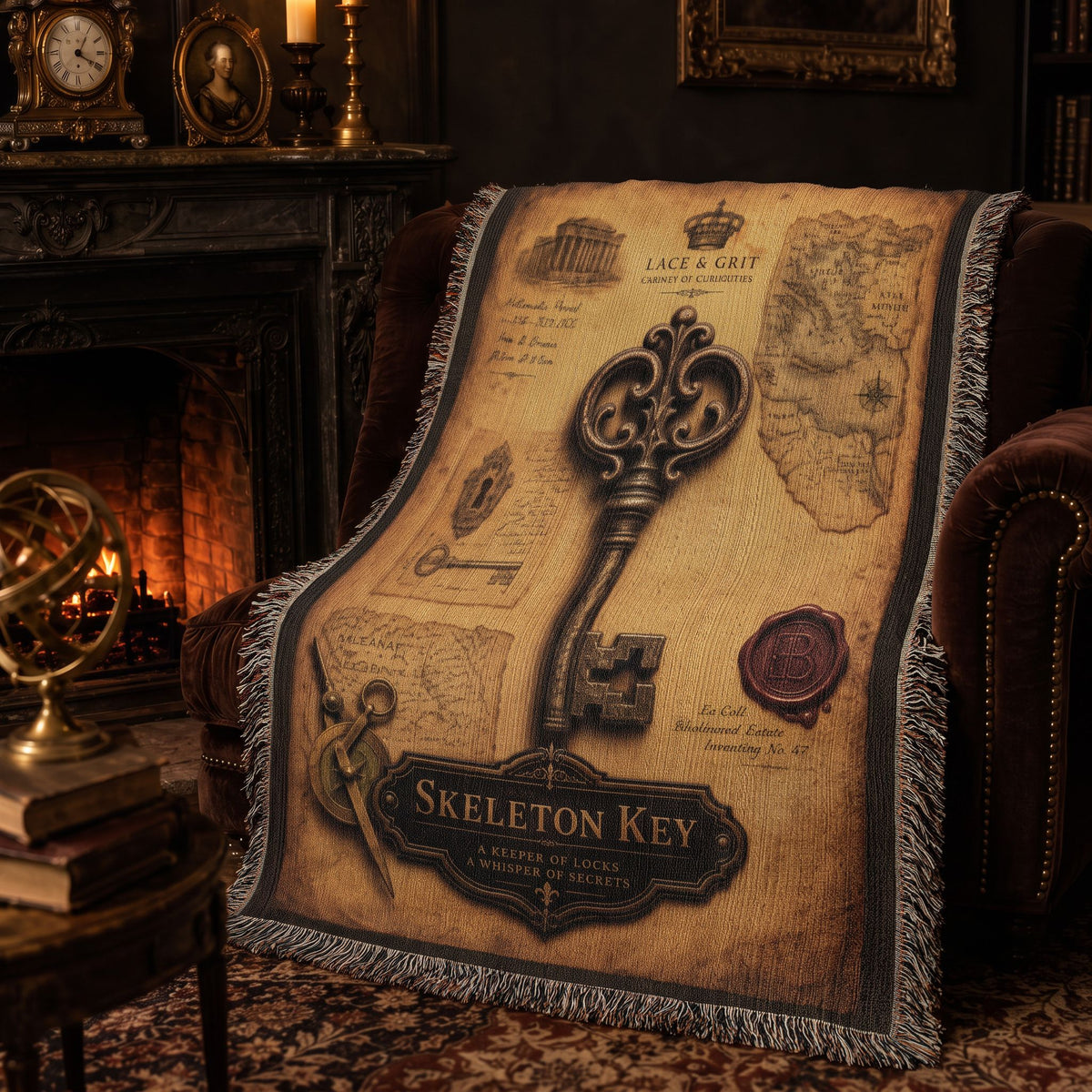 Skeleton Key Woven Throw Blanket | Cabinet of Curiosities Decor | Cotton Tapestry | Gothic History Gift