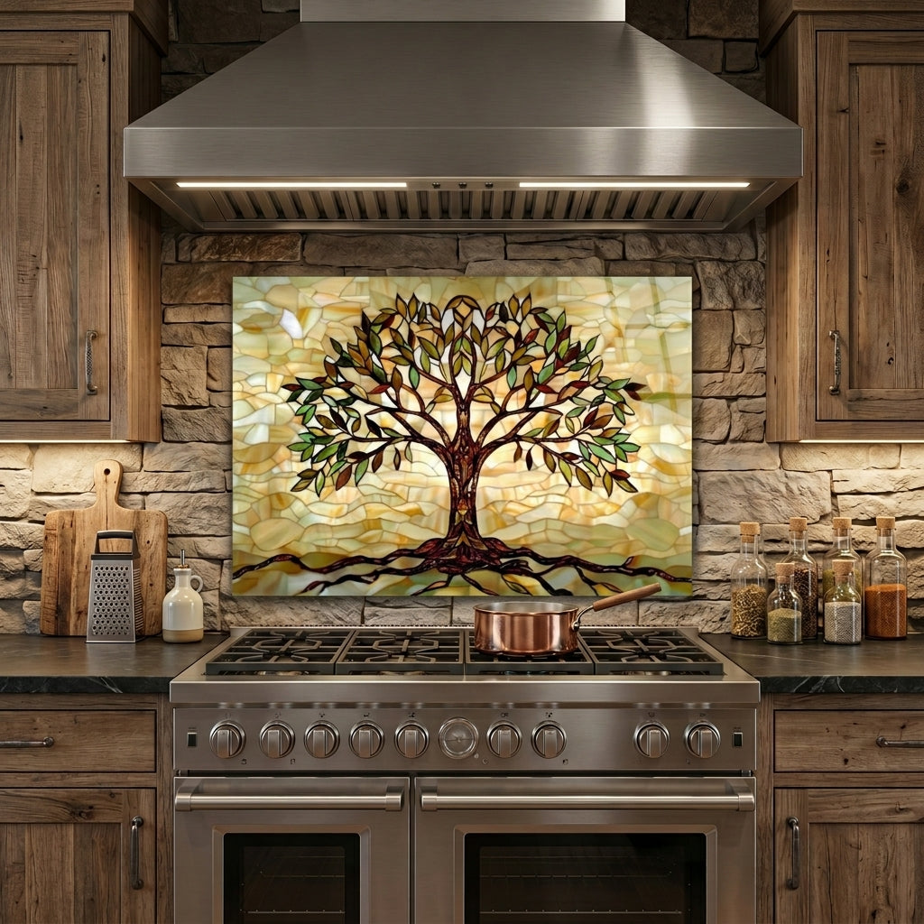Tree of Life Metal Kitchen Backsplash Panel, Stained Glass Inspired Wall Art