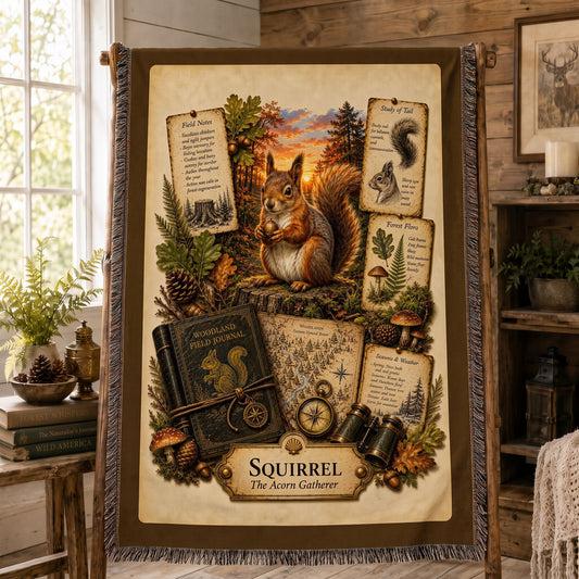 Squirrel Woven Throw Blanket | Woodland Animal Decor | Cotton Tapestry Throw | Naturalist Journal Gift