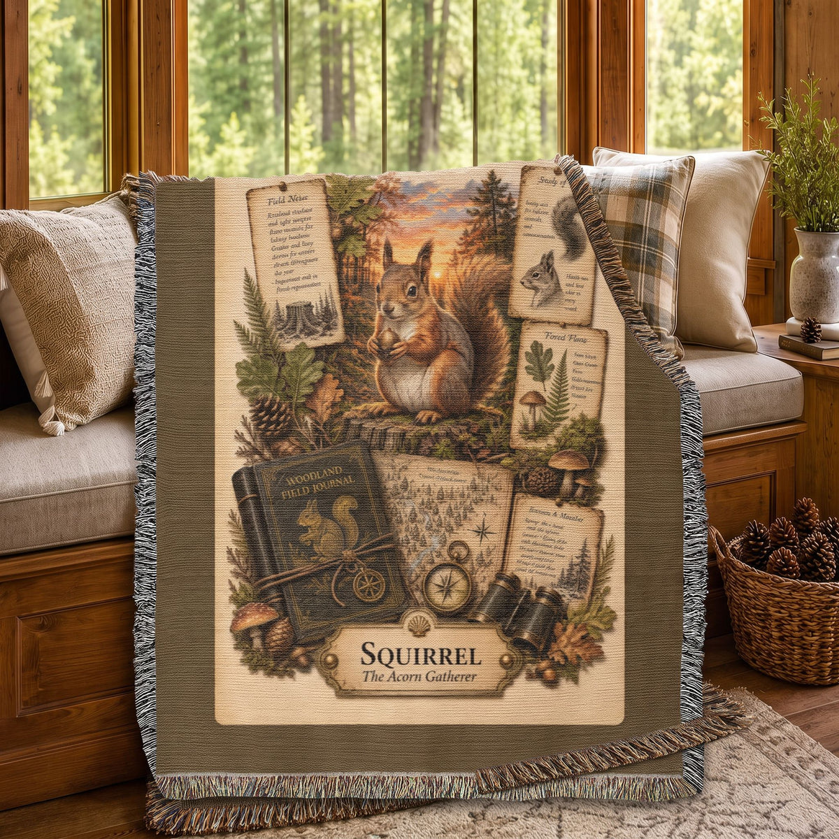 Squirrel Woven Throw Blanket | Woodland Animal Decor | Cotton Tapestry Throw | Naturalist Journal Gift