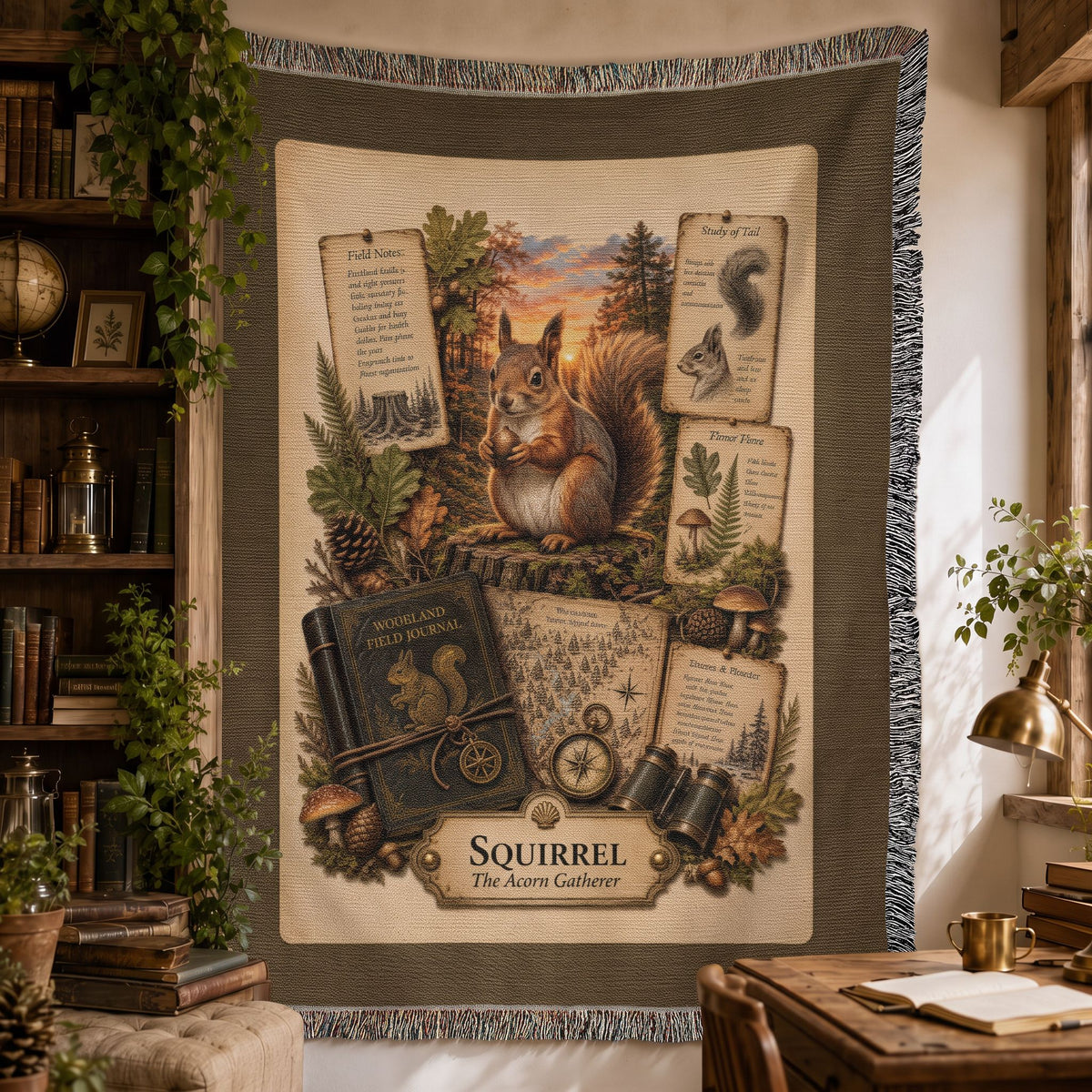 Squirrel Woven Throw Blanket | Woodland Animal Decor | Cotton Tapestry Throw | Naturalist Journal Gift