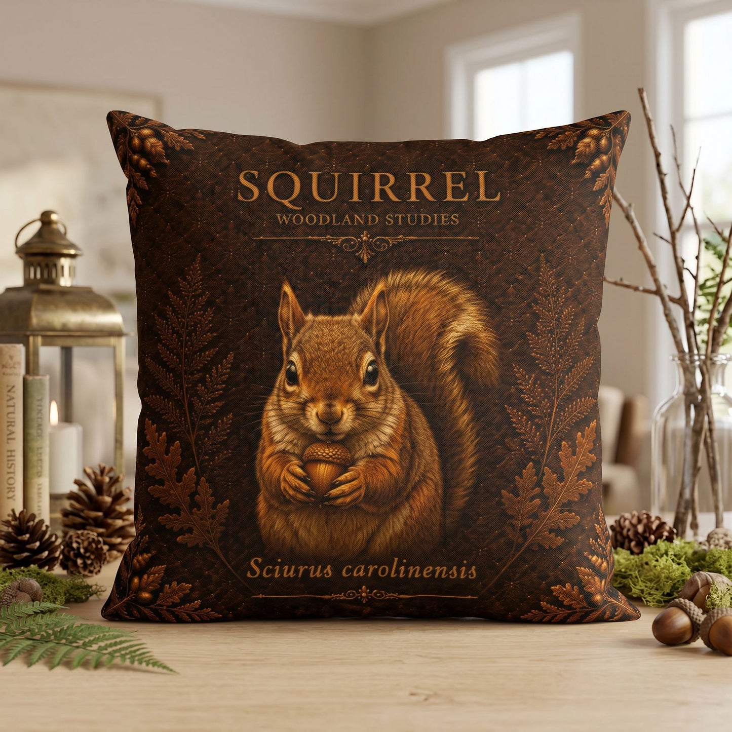Squirrel Woodland Pillow, Rustic Throw Pillow, Cabin Decor Cushion, Lodge Style Accent, Wildlife Home Decor