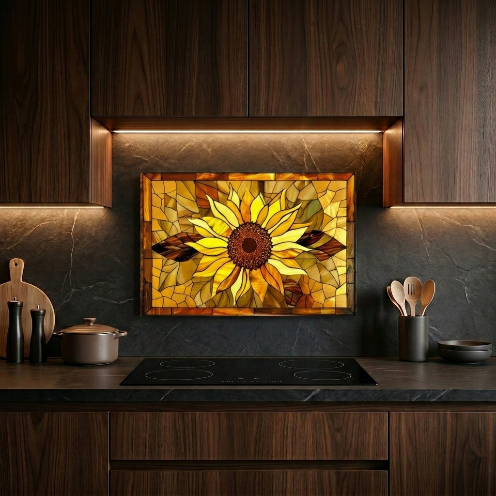 Sunflower Metal Kitchen Backsplash Panel, Stained Glass Inspired Wall Art