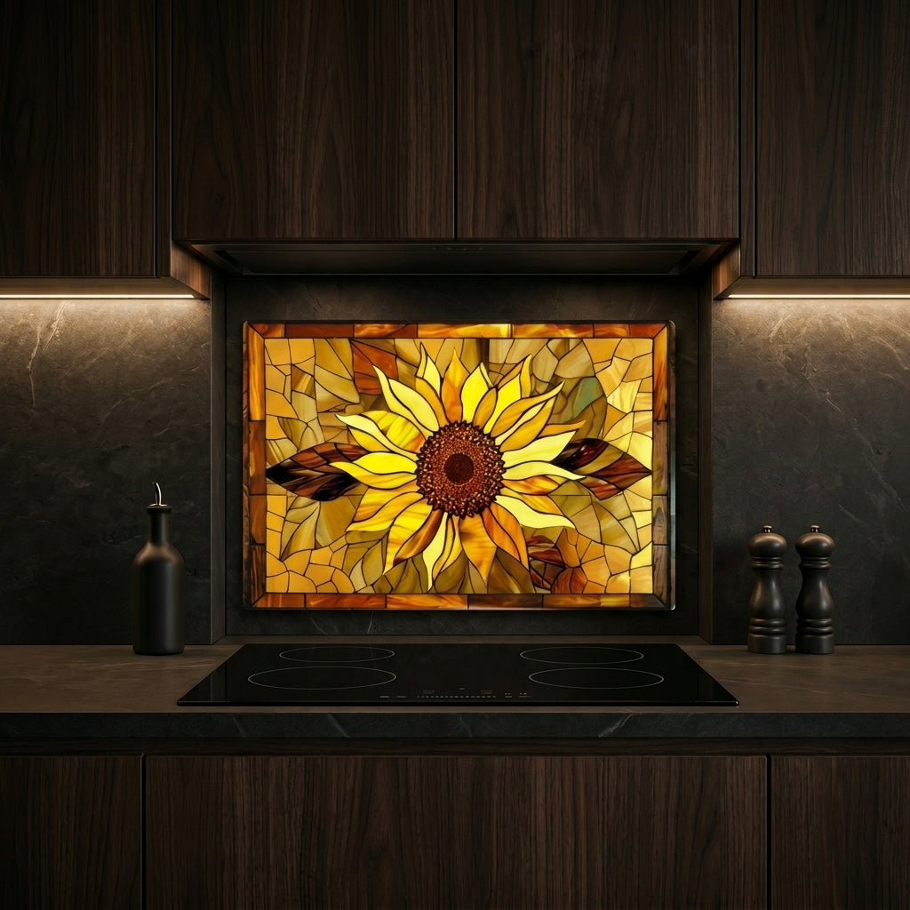 Sunflower Metal Kitchen Backsplash Panel, Stained Glass Inspired Wall Art