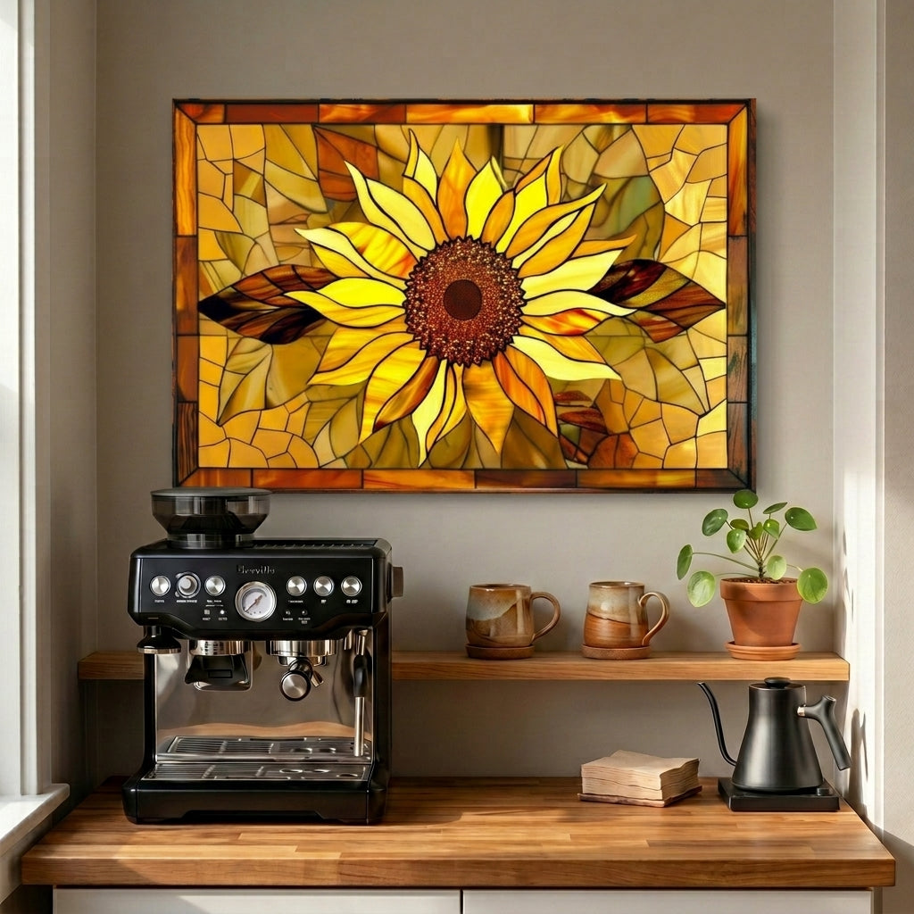 Sunflower Metal Kitchen Backsplash Panel, Stained Glass Inspired Wall Art