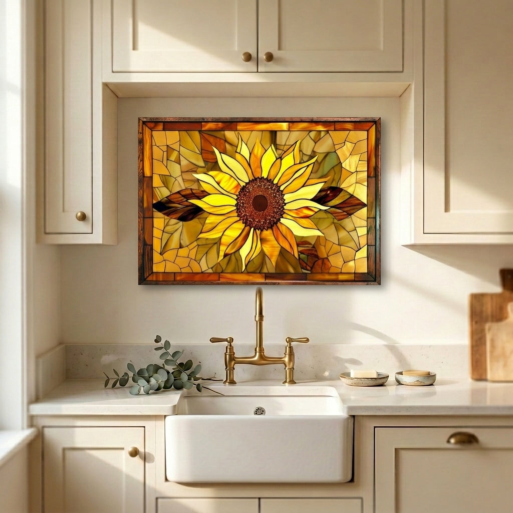 Sunflower Metal Kitchen Backsplash Panel, Stained Glass Inspired Wall Art
