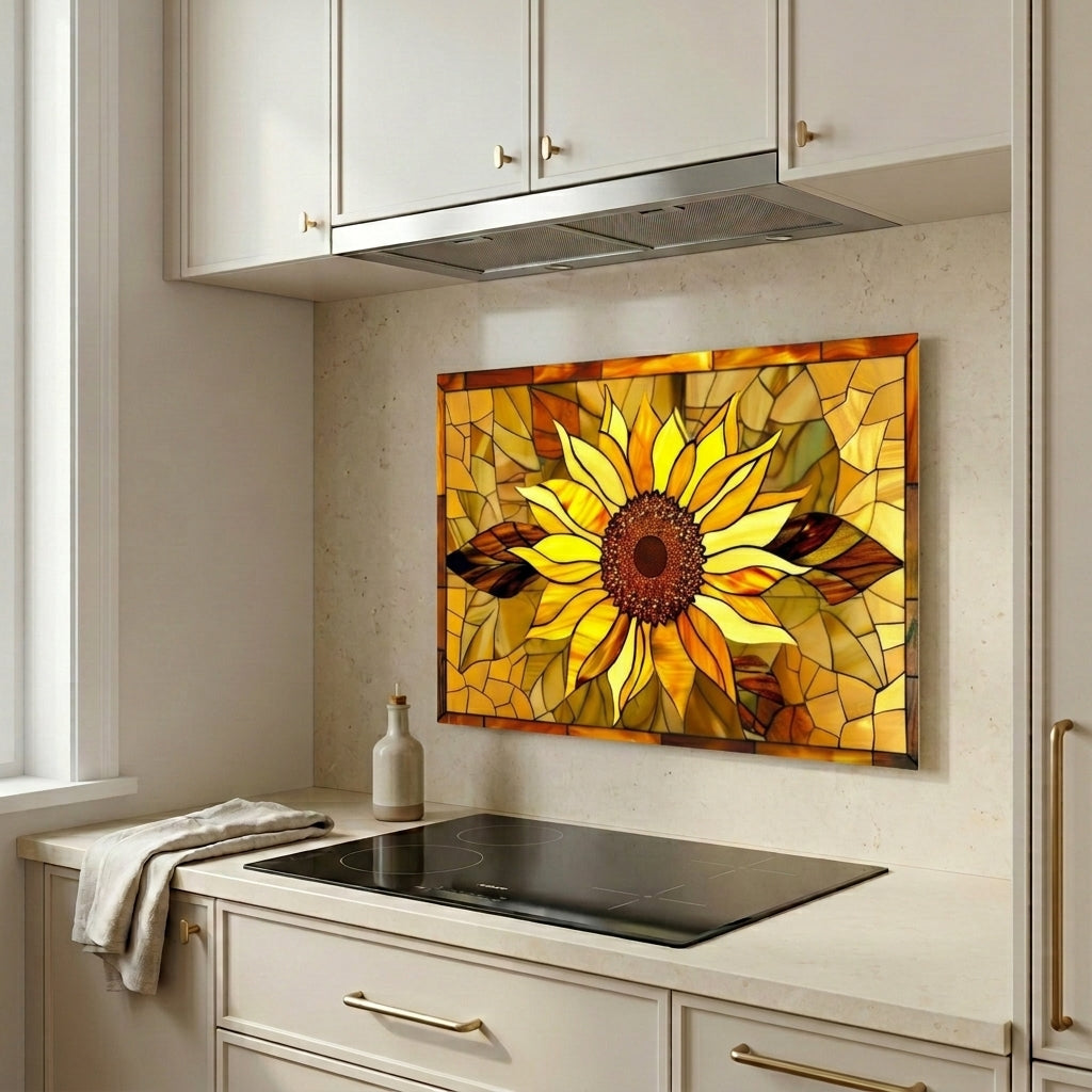 Sunflower Metal Kitchen Backsplash Panel, Stained Glass Inspired Wall Art