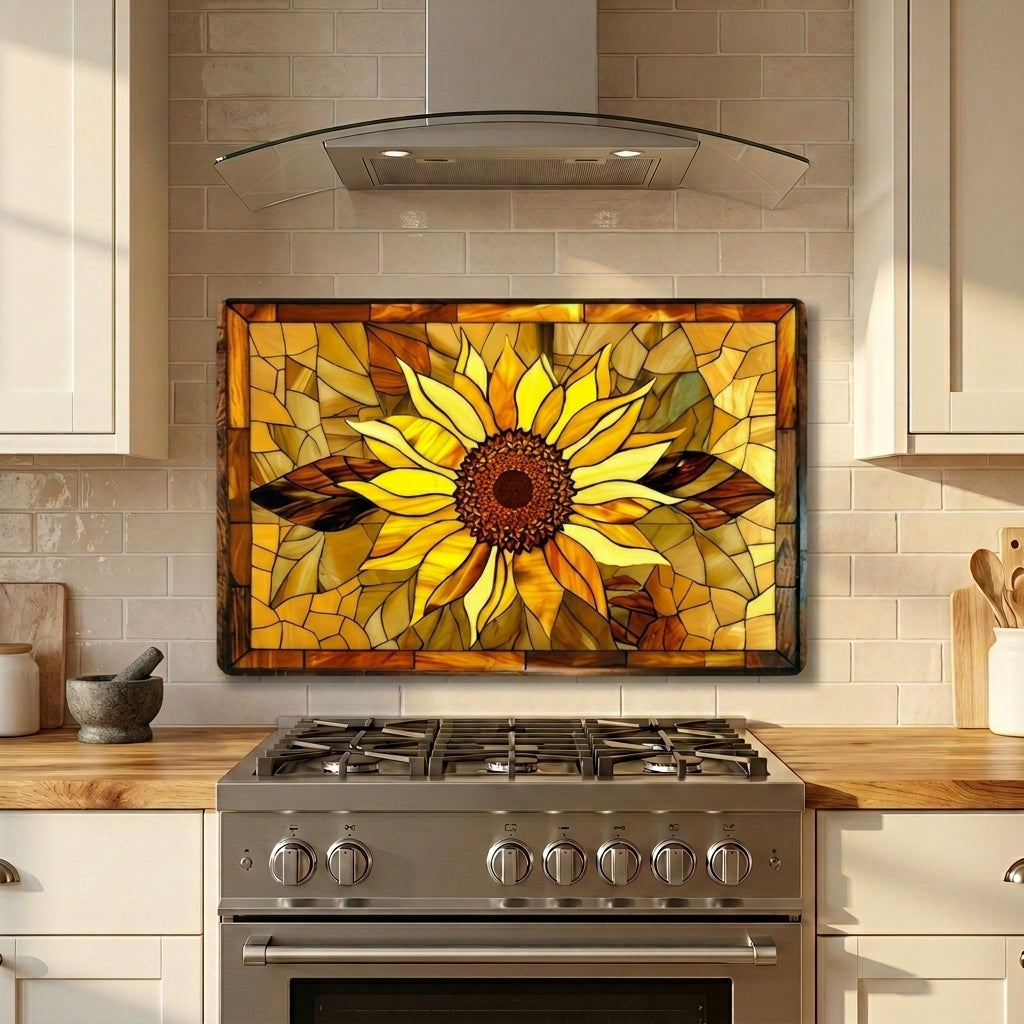 Sunflower Metal Kitchen Backsplash Panel, Stained Glass Inspired Wall Art