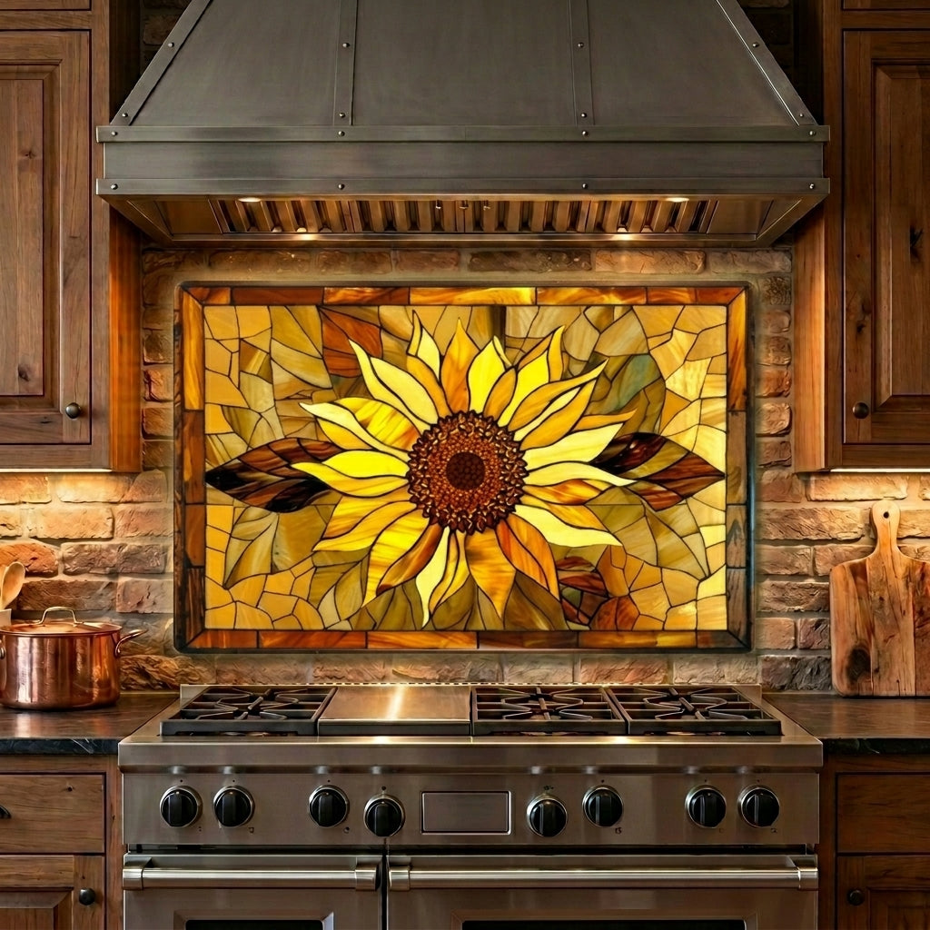 Sunflower Metal Kitchen Backsplash Panel, Stained Glass Inspired Wall Art