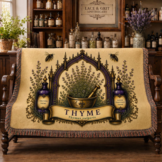Thyme Woven Throw Blanket | Botanical Apothecary Decor | Cotton Tapestry Throw | English Cottage Herbal Gift