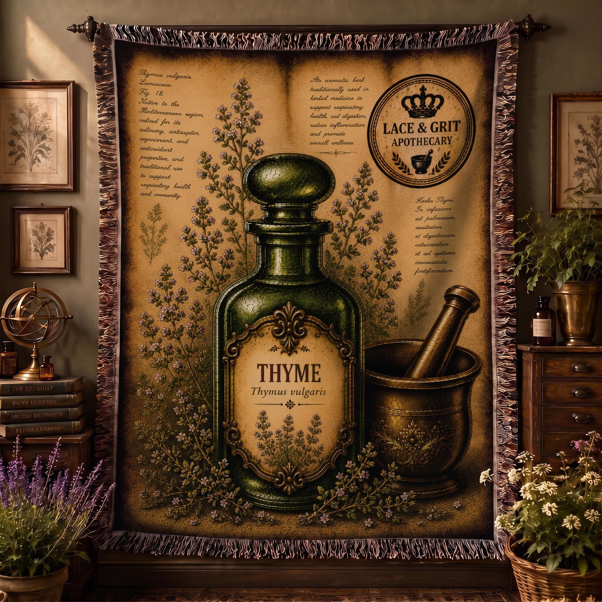 Thyme Woven Throw Blanket, Botanical Apothecary Decor, Cotton Tapestry Throw, English Cottage Herbal Gift