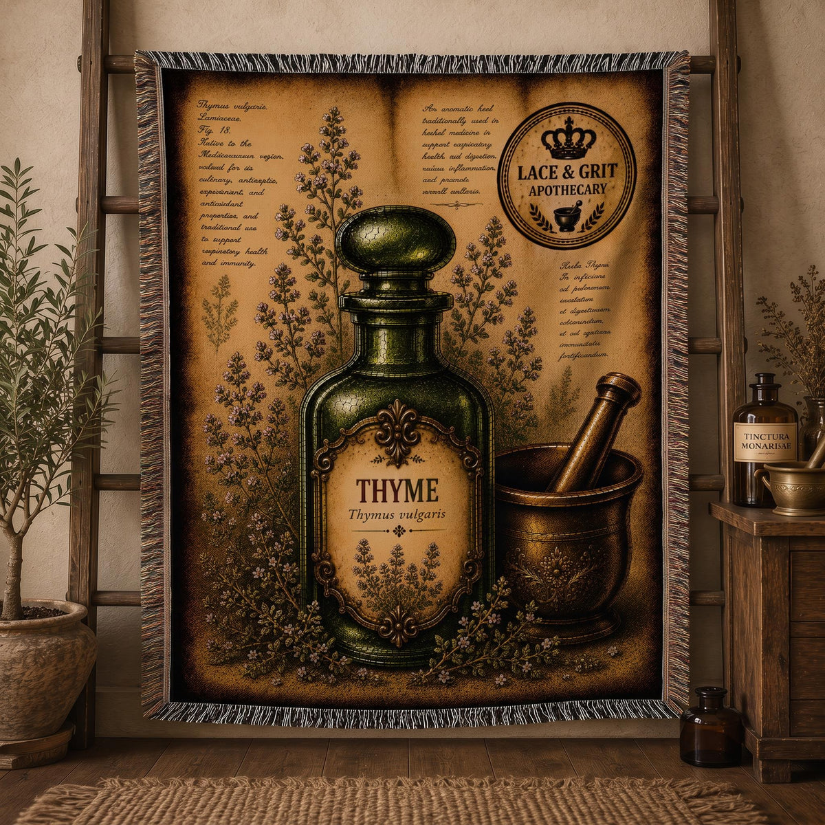 Thyme Woven Throw Blanket, Botanical Apothecary Decor, Cotton Tapestry Throw, English Cottage Herbal Gift
