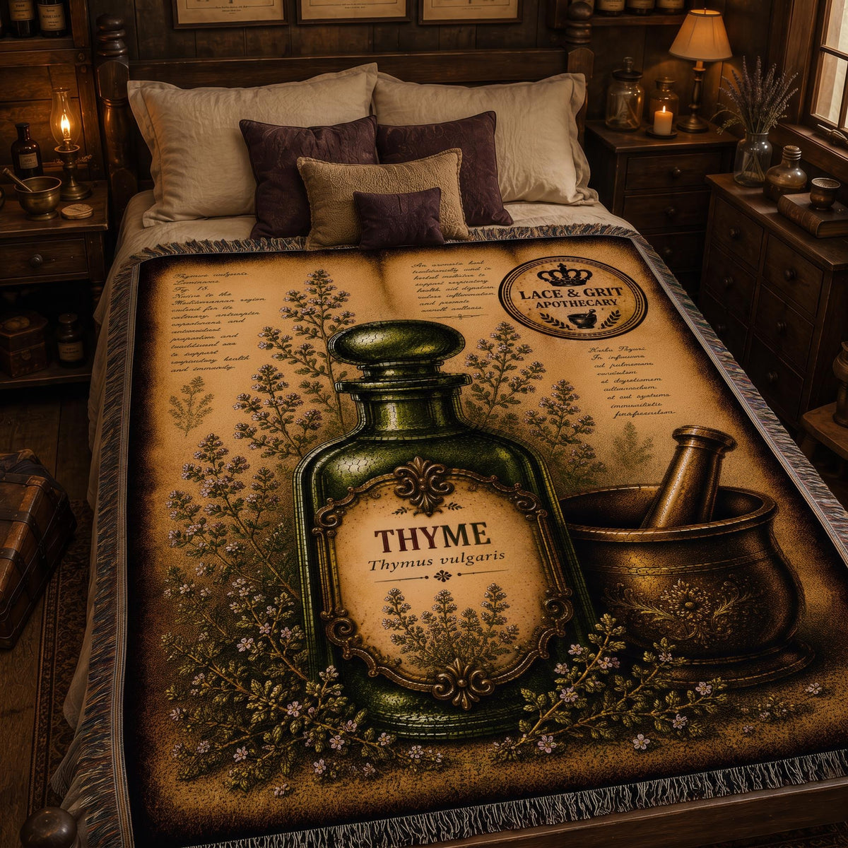 Thyme Woven Throw Blanket, Botanical Apothecary Decor, Cotton Tapestry Throw, English Cottage Herbal Gift